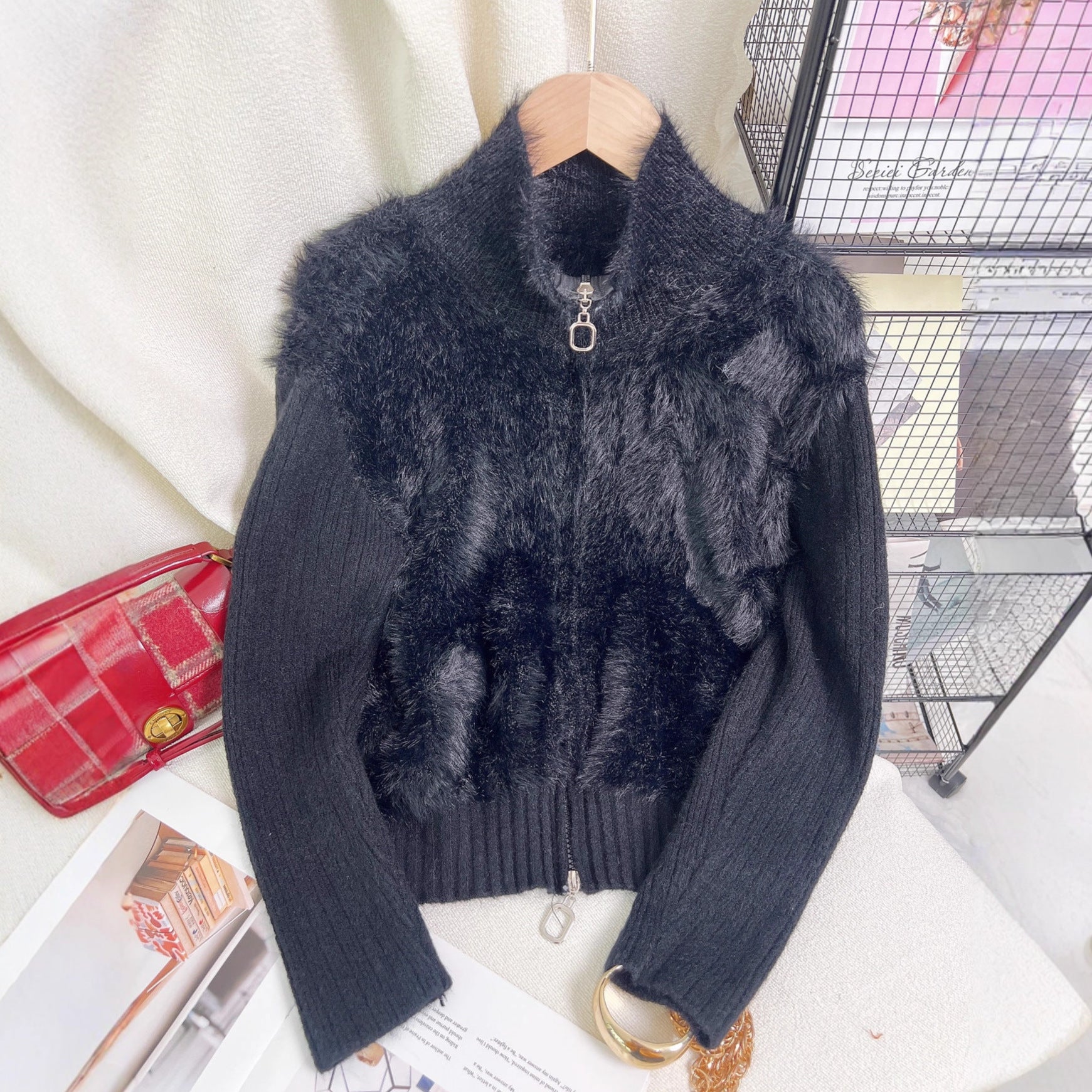 Women's Solid Color Stand Collar Faux Mink Sweater
