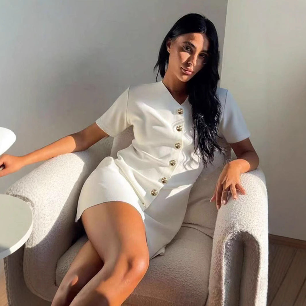 Solid Color Summer Women's Metal Button Knit Dress