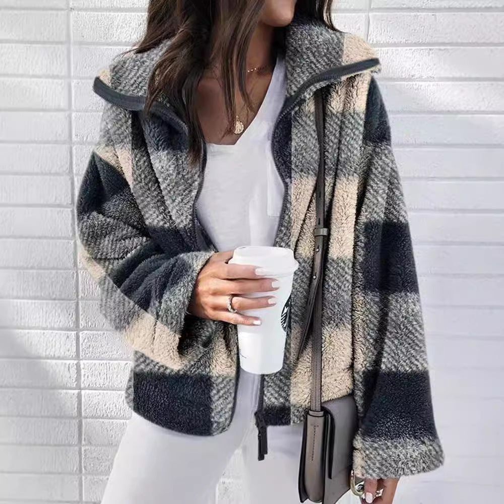 Plush Plaid Coat Plus Size Women's Clothing