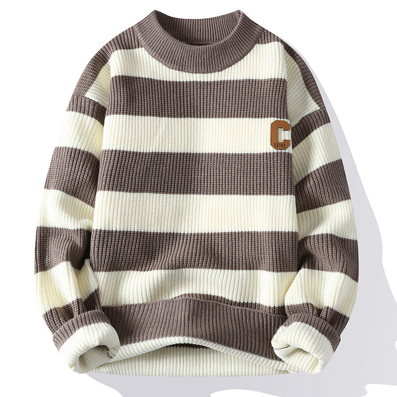 Autumn Letter Stripes Mock Neck Sweater Handsome Man Knitwear Tide
