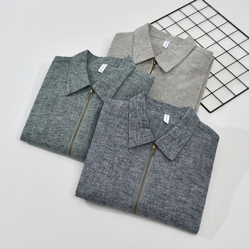 Spring And Autumn Brushed Cotton And Linen Long-sleeved Jacket Men Vintage Zipper