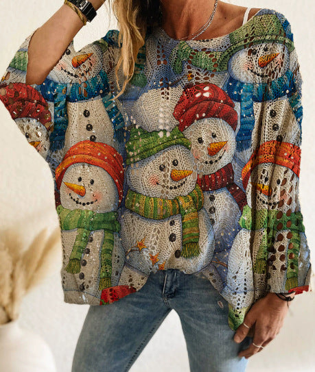 Bat Loose Off-shoulder Boat Neck Diamond Hollow-out Contrast Color Christmas Print Knitted Sweater