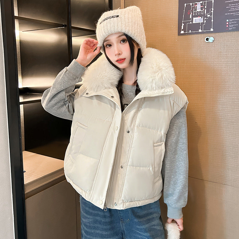 Women's Big Fur Collar Loose Down Cotton Vest Short Zipper