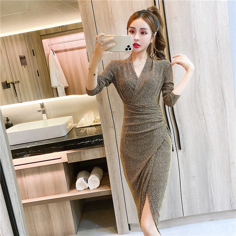 Light Luxury Socialite Temperament V-neck Long Sleeve Sexy Slit