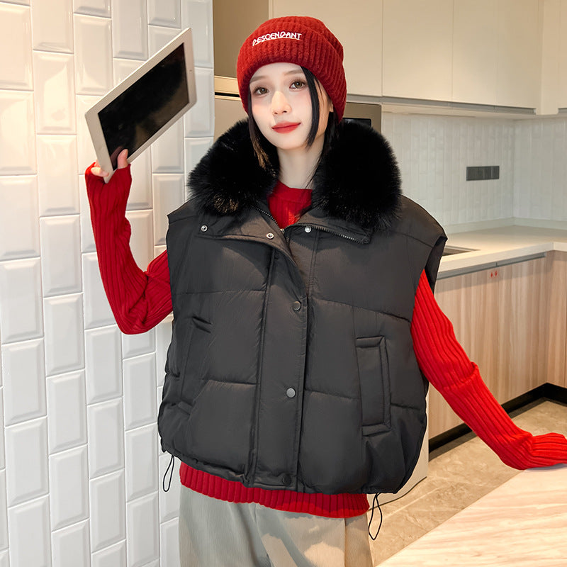Women's Big Fur Collar Loose Down Cotton Vest Short Zipper