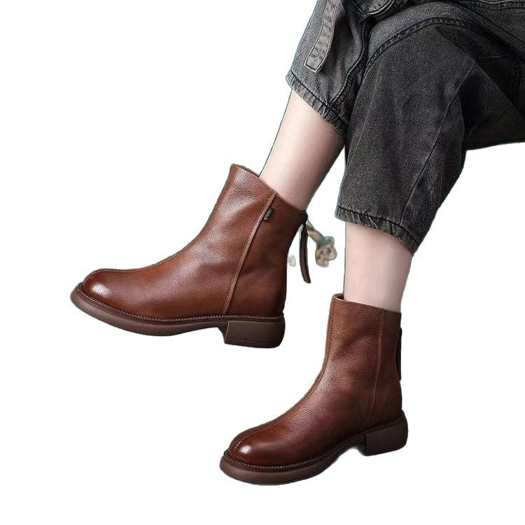 Retro Low-heat Fleece-lined Round-toe Waterproof Ankle Boots