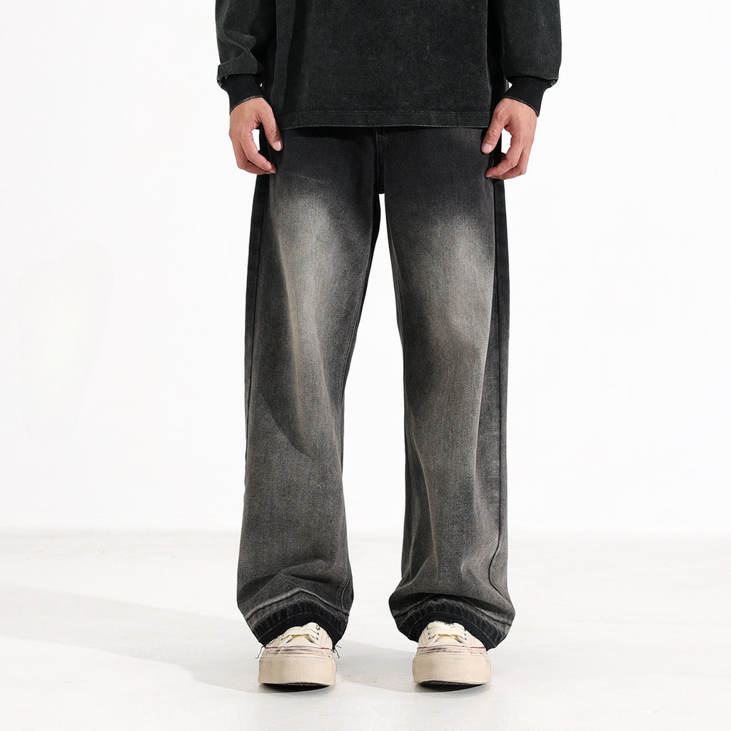 American-style Heavy Washed Black And Gray Straight Jeans Men's Loose Wide Leg Casual Trousers