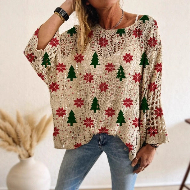 Bat Loose Off-shoulder Boat Neck Diamond Hollow-out Contrast Color Christmas Print Knitted Sweater
