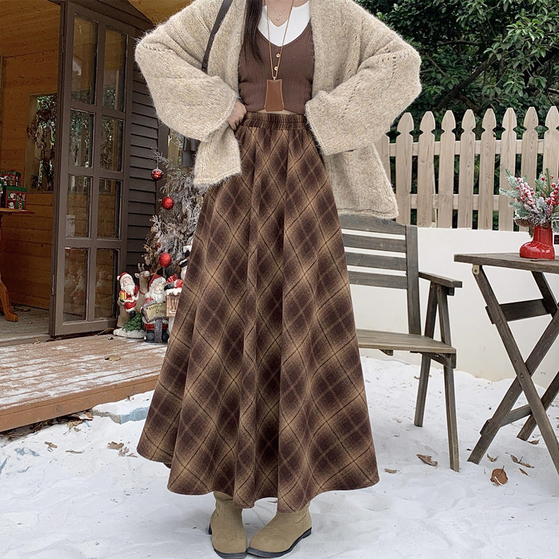 Thickened Woolen Plaid Color-blocked Long Flared Skirt