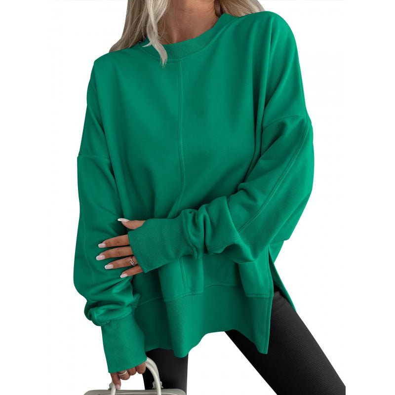 Loose Sweater Side Slit Patchwork Round Neck Bat Sleeve Velvet Hoodie