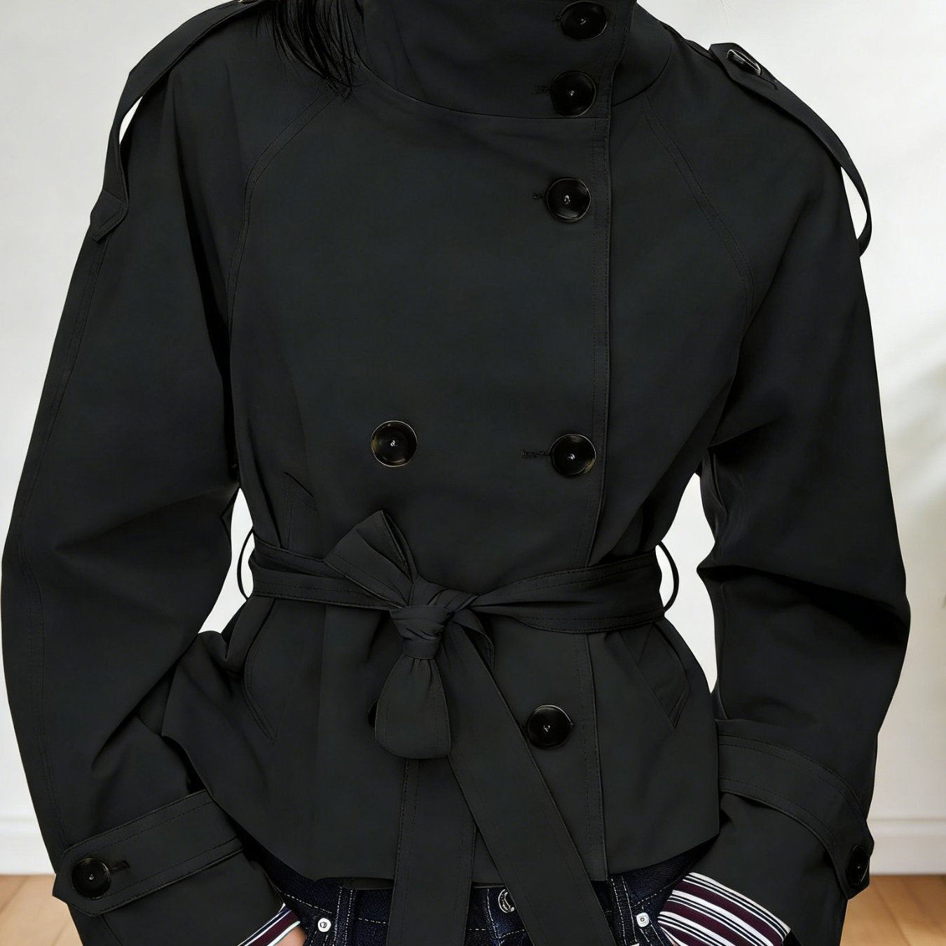 Retro Lapels Design Double Breasted Lace Up All-match Long Sleeve Short Trench Coat