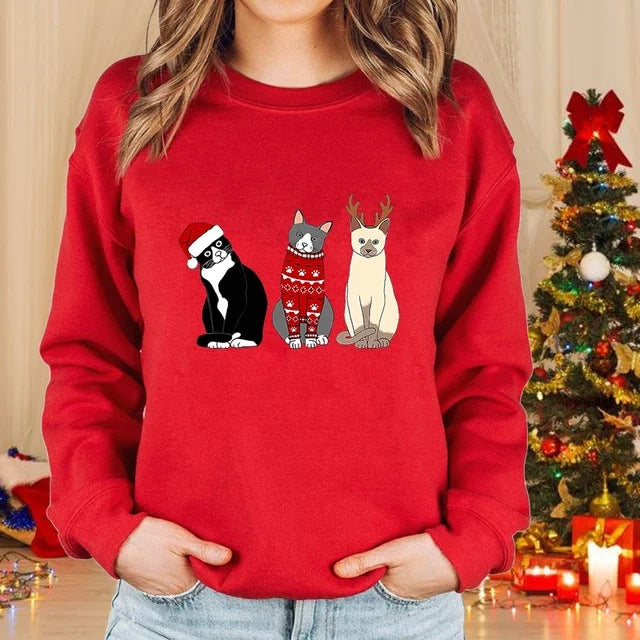Lady Christmas Cat Round Neck Sweater Long Sleeve