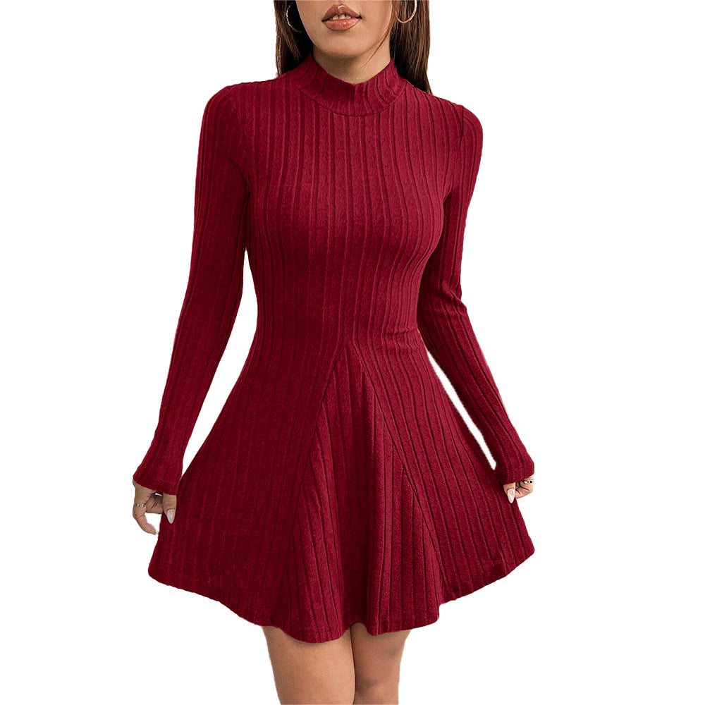 Autumn And Winter New European And American Women's Slim-fit Semi-high Neck Waist-cinching A-line Dress Long Sleeve Ribbed Dress