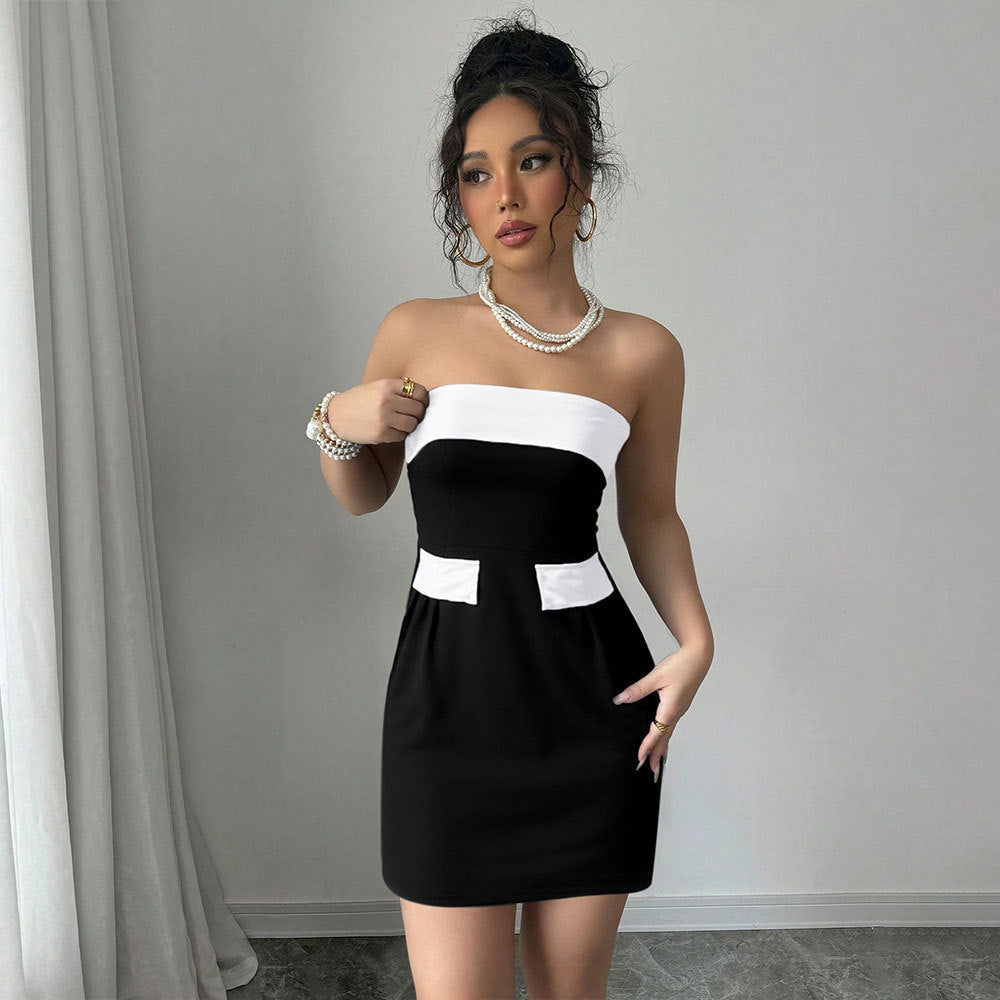 Sexy Socialite Style Dress Summer One-shoulder Bustier Color-blocked Mini Skirt