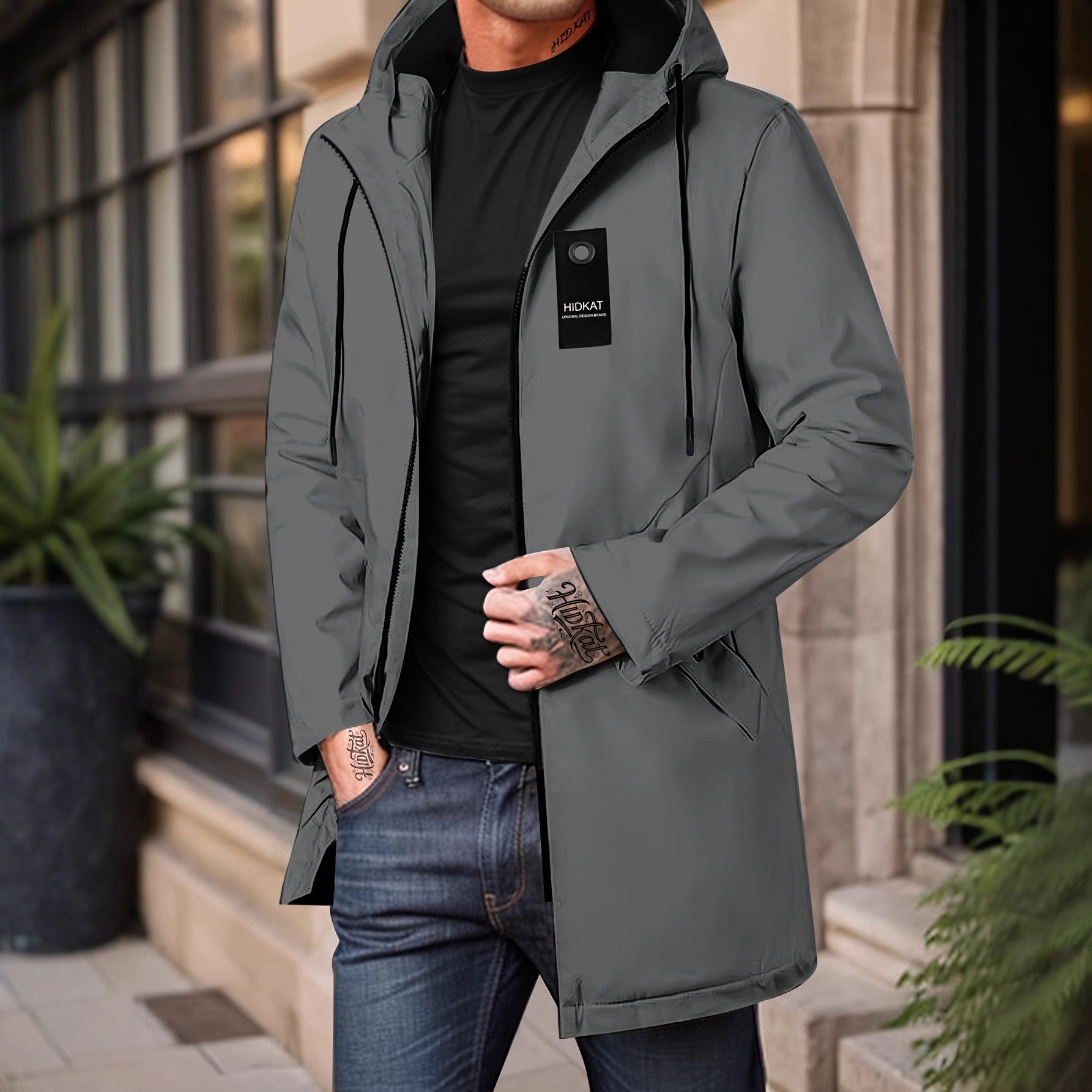 Mid-length Men's Hooded Casual Workwear Shell Jacket Windproof Jacket