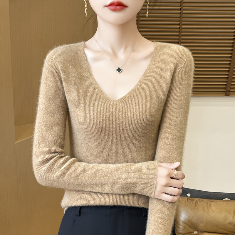 New V-neck Ribbed Slim-fitting Base Layer For Women, Slimming