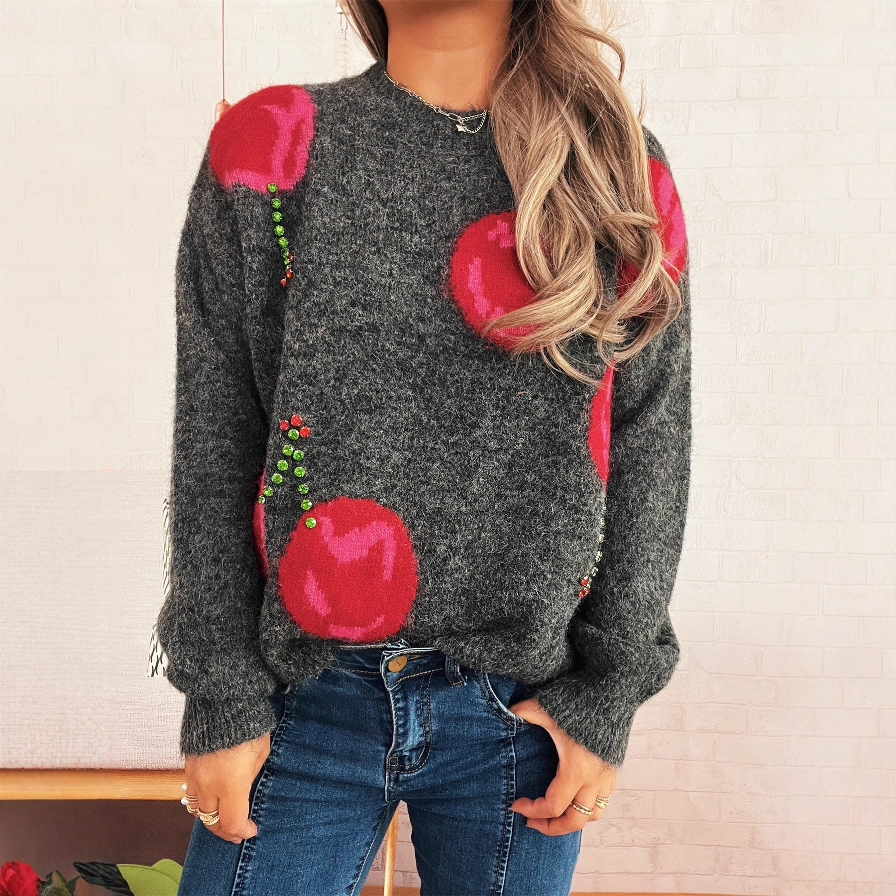 Women's Casual Loose Cherry Jacquard Color-block Knit Sweater