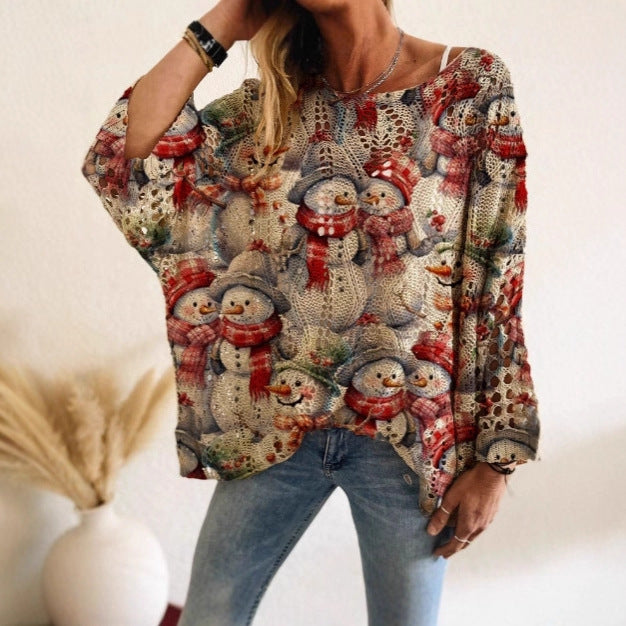 Bat Loose Off-shoulder Boat Neck Diamond Hollow-out Contrast Color Christmas Print Knitted Sweater