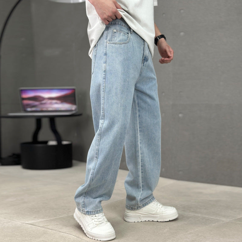 Fashion Pockets Jeans Men's Wide-leg Straight Trousers Versatile Casual Long Pants Streetwear Clothing