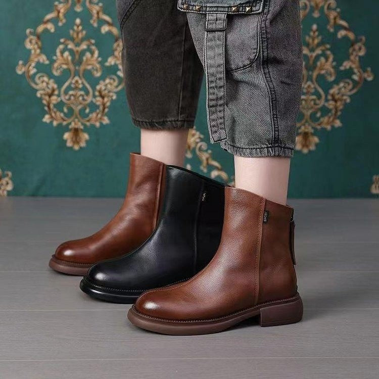 Retro Low-heat Fleece-lined Round-toe Waterproof Ankle Boots