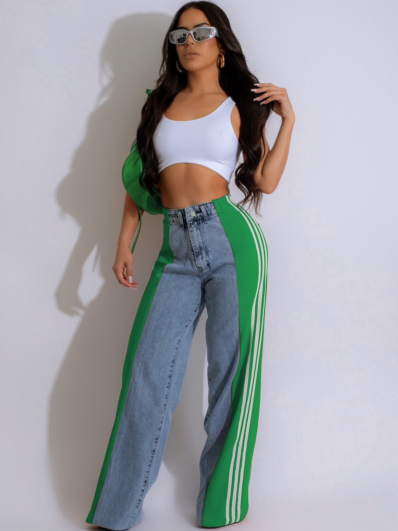 Summer Fashion Stitching Three Striped Wide Leg Denim Trousers For Women