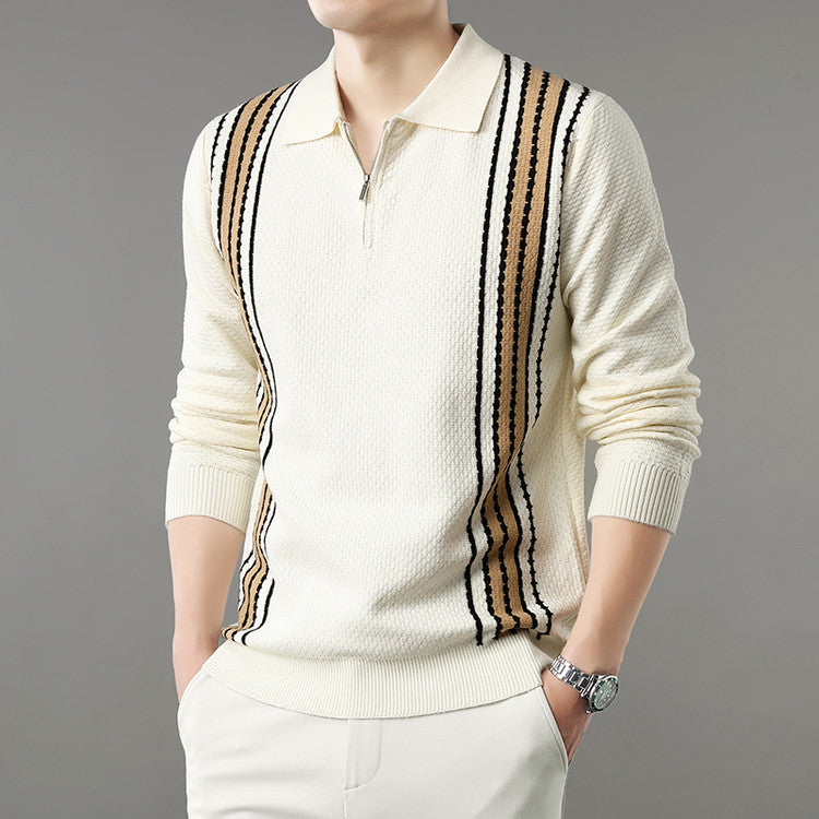 Men's Turn-down Collar Half-zip Long Sleeve Polo Stripe Color Block Sweater
