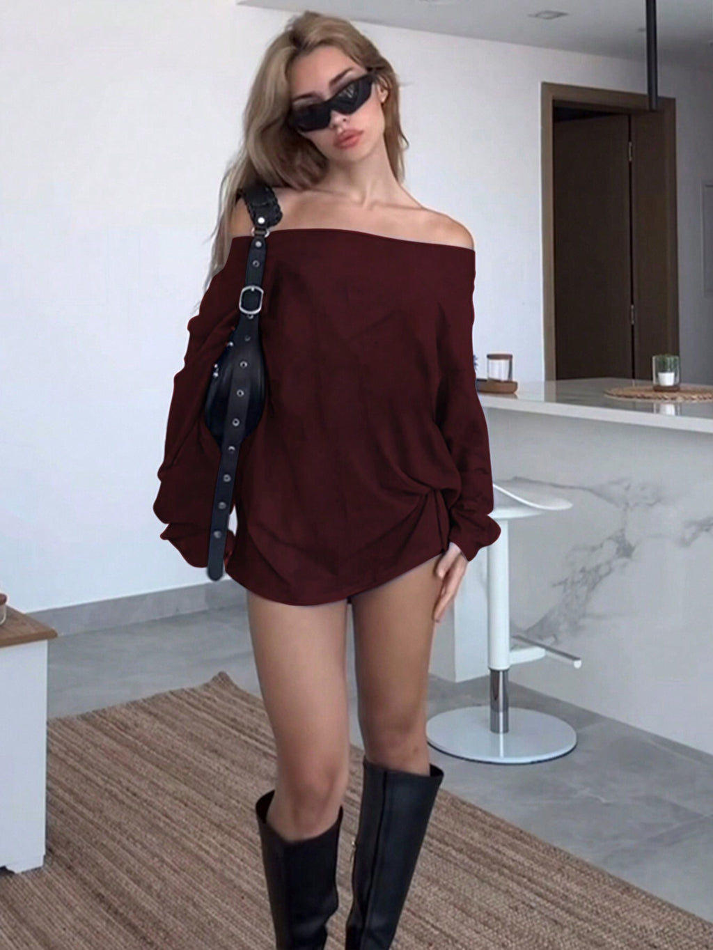Sweet And Spicy Style Burgundy Dress Off-shoulder Loose Short Dress For Autumn And Winter